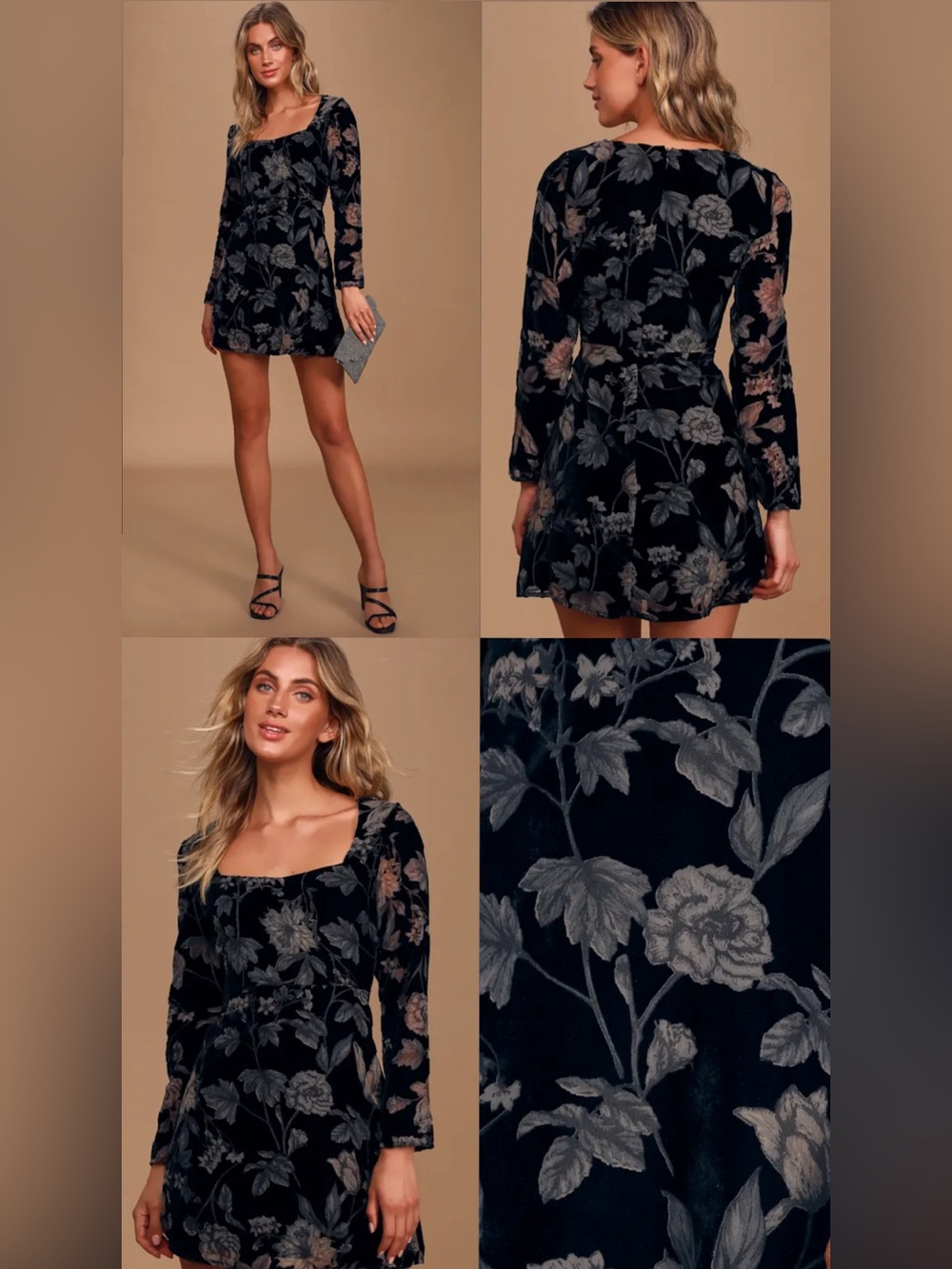 NWOT! Sage the Label Black Floral Velvet Burnout Mini Dress Long Sleeve size M